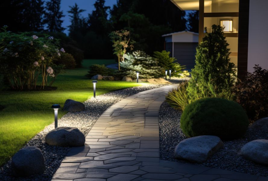 A lawn with garden lighting illuminating a walkway.