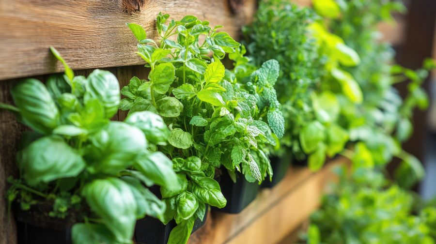 A lush arrangement of fresh herbs in vertical planters, showcasing vibrant green foliage. Ideal for kitchens, gardens, and sustainability enthusiasts.