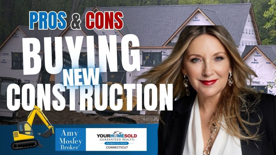 Displays a large, new construction home, symbolizing the focus of the content. The graphic includes text that reads 