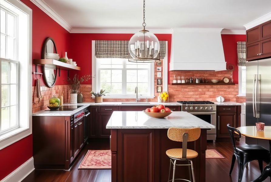 Rich Red A kitchen with a rich bold red accent wall featuring a warm inviting feel