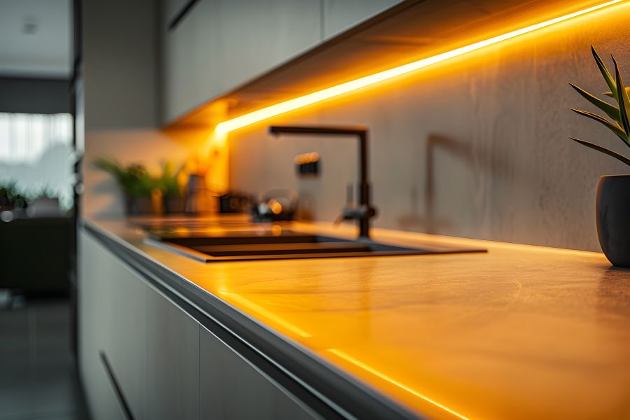 Warm Glow of LED Strip Lighting Enhances Modern Kitchen Counter and Decor   Soft illumination from recessed LED lighting strips installed under a kitchen counter creates a cozy and inviting 