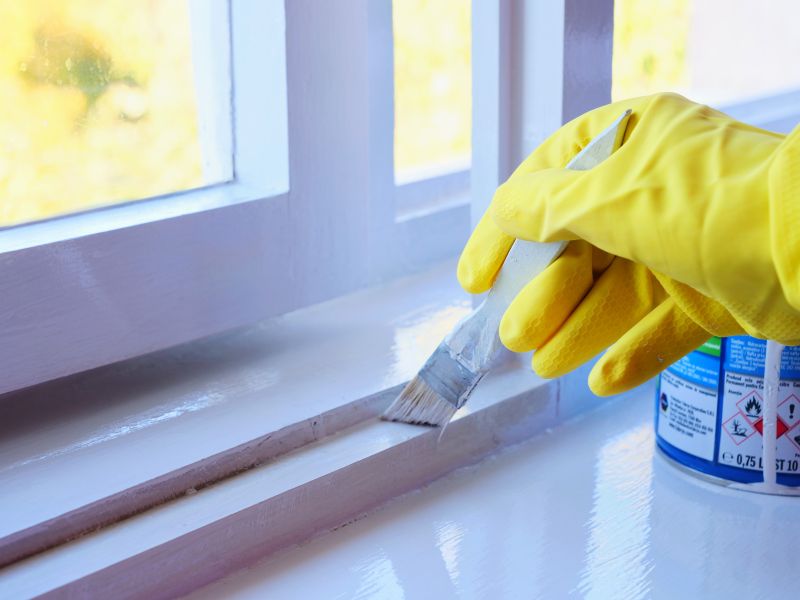 Handyman paints a window frame with white paint with a paint brush. Hand in yellow rubber gloves applies a glossy paint finish to window casement.