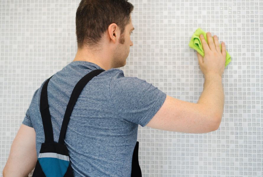 Tiler cleaning mosaic tiles in bathroom after repairs.