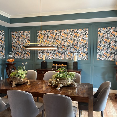 Stunning grey/copper wallpaper with valspar lavender sand paint